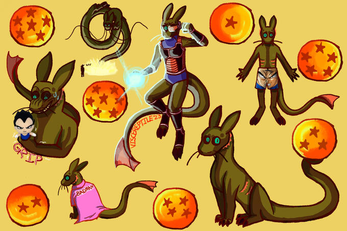 five fullbodies of the same character with mostly cell shading and background elements